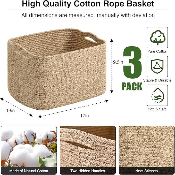 Large Storage Baskets for Organizing Shelves, Woven Cotton Rope Bins for Baby Nursery Organization, Book Toy Towel Organizer, 17"x13"x9.5", 3 Packs, Brown-Ruum Studio Home
