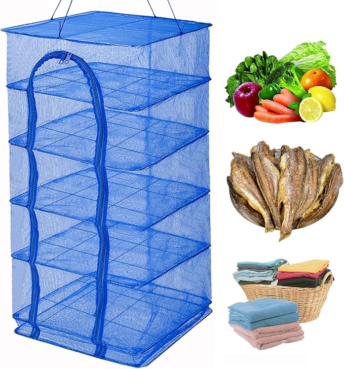 Drying Rack 6 Layers Folding Fish Mesh, Foldable Nylon Netting, Hanging Drying Fish Net, for Shrimp Fish Fruit Vegetables Herb, with Zipper Opening-Blue (37.4X19.6X19.6 in)…-Ruum Studio Home