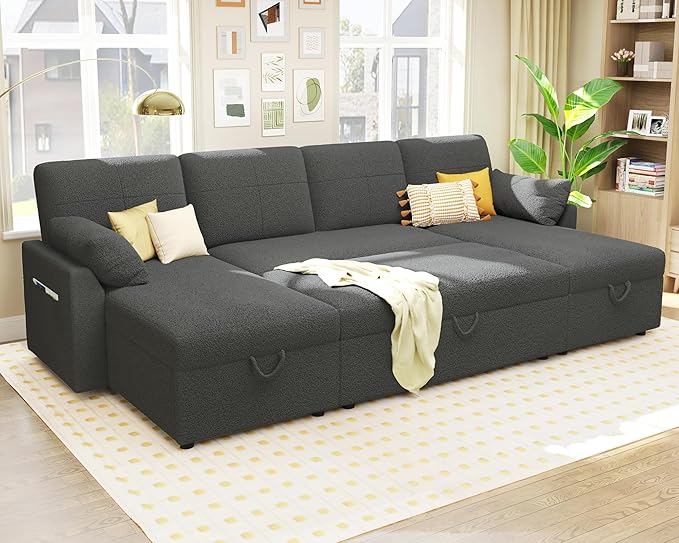 VanAcc Sleeper Sofa, 110 inch Oversize - 2 in 1 Pull Out Bed, Sectional Sleeper Sofa with Double Storage Chaise for Living Room, Grey Boucle Couch-Ruum Studio Home