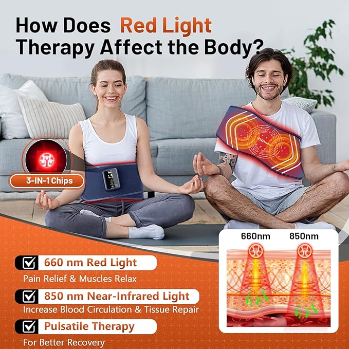 Red Light Therapy Massage Belt with 5 Heating Levels, 3 Vibration Modes, Infrared Light Therapy for Body,Wearable Light Therapy Device with Timer for Back Shoulder Waist Muscle Pain Relief-Ruum Studio Home