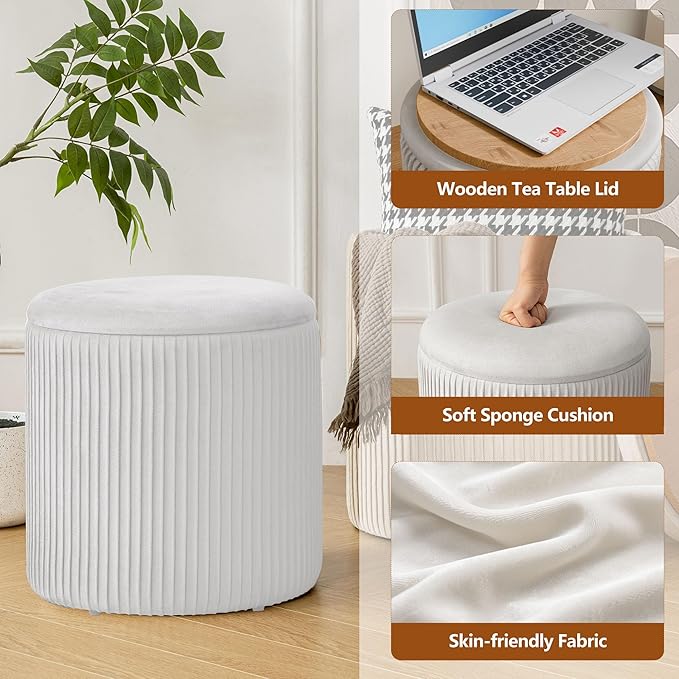 Ottoman with Storage Set of 2, Velvet Storage Ottoman, Upholstered Sponge Vanity Stool Support 300lbs, Multifunctional Coffee Table Foot Rest Ottomans for Living Room Bedroom, White-Ruum Studio Home