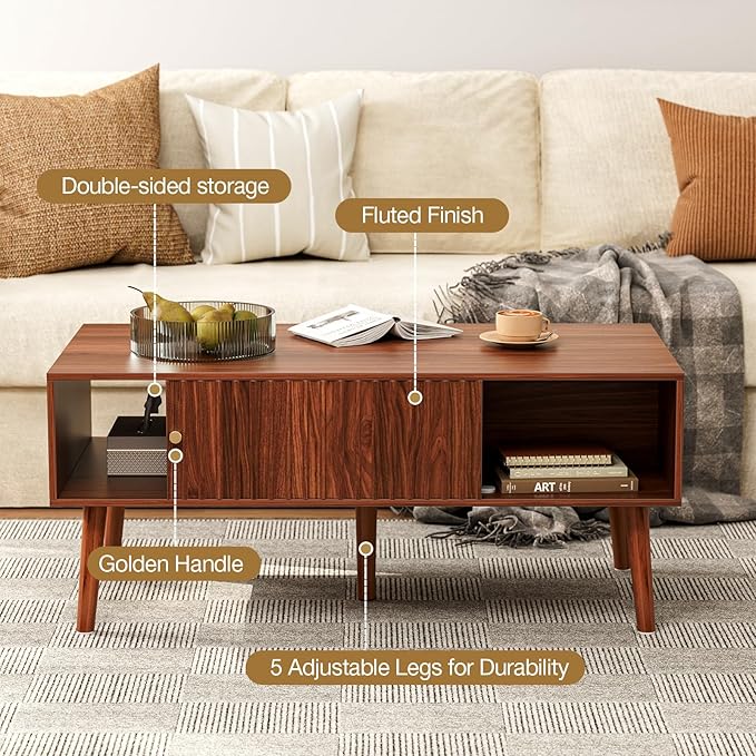 Coffee Table with Storage, Mid Century Dining Table with Sliding Fluted Door and Solid Wood Legs, Small Coffee Tables for Living Room, Walnut-Ruum Studio Home