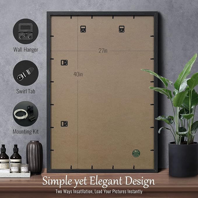 VCK 27x40 Solid Wood Poster Frames Set of 3, Exclusive Woodgrain Black Picture Frame, Wall Mounting Hanging-Ruum Studio Home