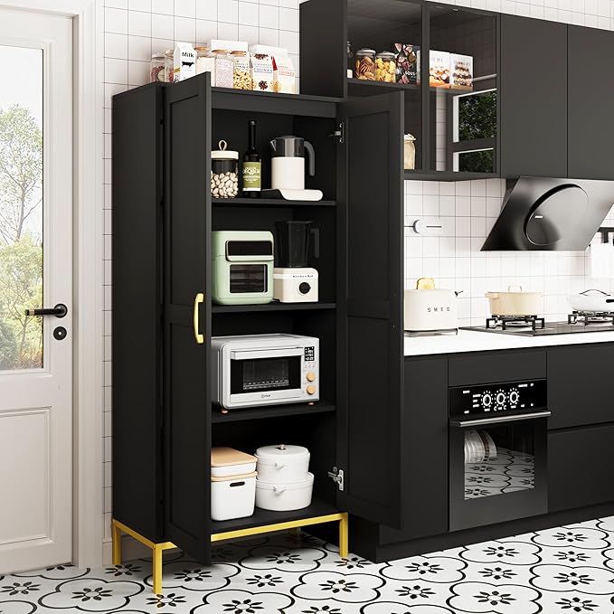Tall Storage Cabinet, Kitchen Pantry Cabinet with 2 Doors & Adjustable Shelves for Laundry Room, Living Room, Entryway,Bathroom,Black-Ruum Studio Home