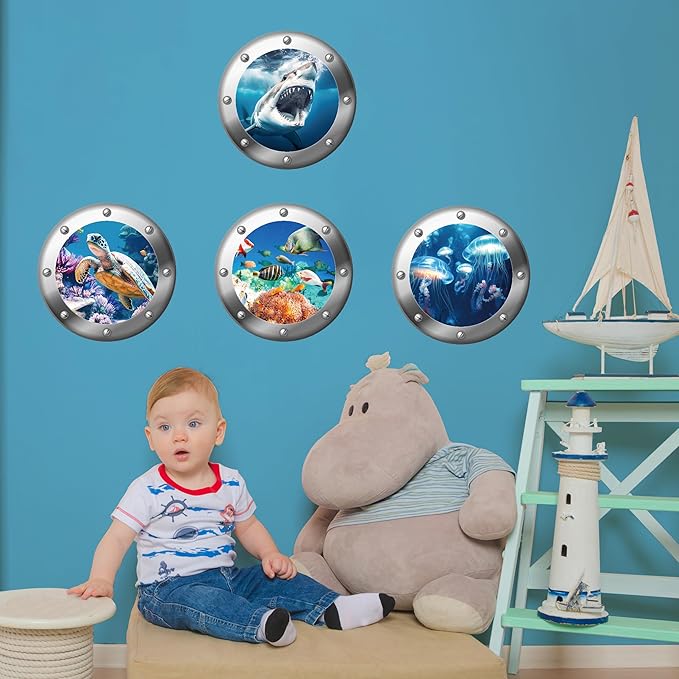 3D Ocean Animals World Wall Stickers Glow in The Dark, 4 Pcs Sharks Turtles Jellyfishs Removable Decals for Kids, Vinyl Stickers for Ceiling (Blue)-Ruum Studio Home