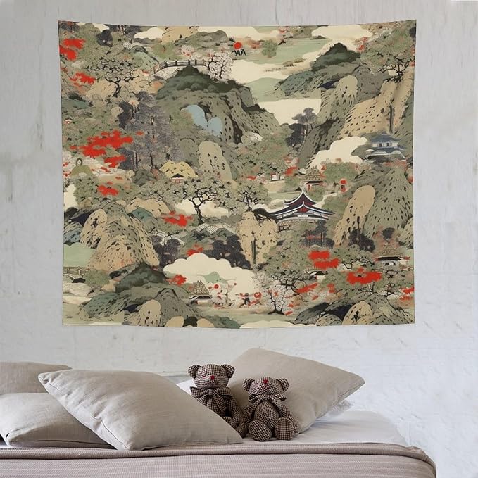 Asian Tapestry,Japanese Red Landscape Asian Watercolor Abstract Art Tapestry, Asian Japanese Wall Tapestry, Nature Landscape Tapestries for Bedroom Living Room Decor 60"x50"-Ruum Studio Home