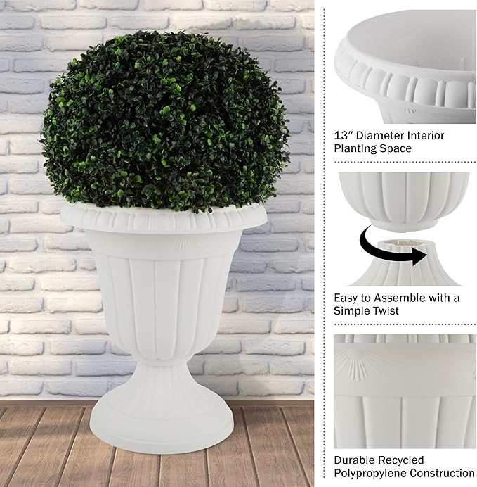 Pure Garden Outdoor Planter 2-Pack - 16x18-Inch Urn Planters - Plastic Plant Pots for Indoor, Outdoor, or Front Porch Decor - Flower Pots (White)-Ruum Studio Home