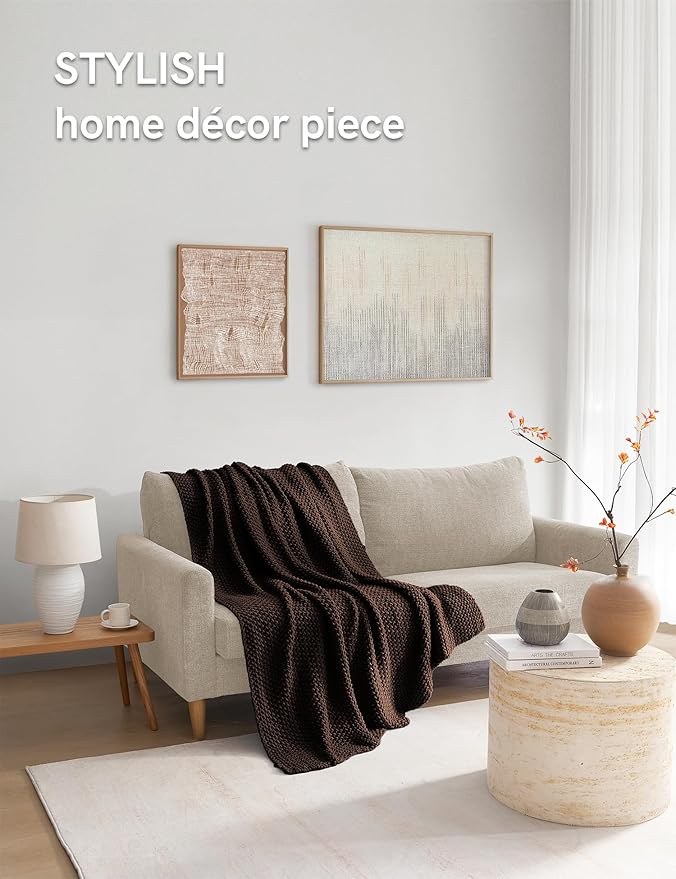 YnM Chunky Cotton Knit Throw Blanket, Cable Knit Throws for Bed Couch Sofa, Comfy & Relaxing, Decorative Piece for Farmhouse Modern Boho Rustic Scandinavian Chic Vibe, Chocolate Brown 50x60 Inches-Ruum Studio Home