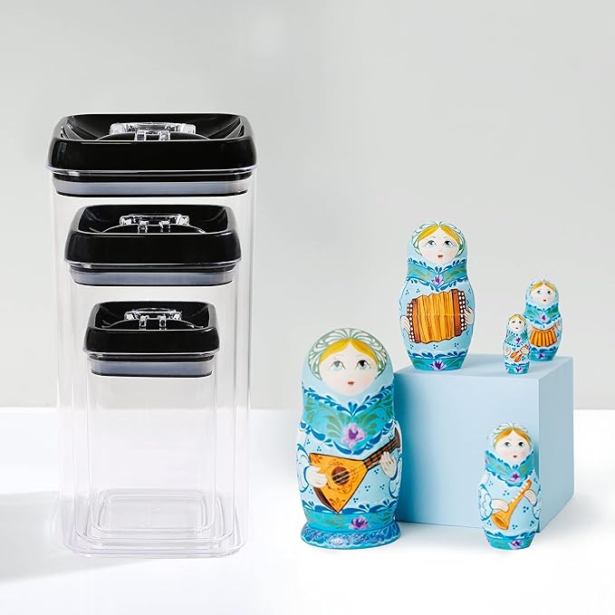 Felli Flip Tite Storage Container with Lid 6" XL Air Tight Ring Lock Top, Clear Acrylic Canister Set for Kitchen, Pet Cat Dog Food Treats, 5 lb Flour Sugar Pantry Organizer (Nest-L, Black)-Ruum Studio Home