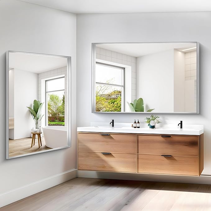 Silver Bathroom Mirror, 60x40 Inch Rectangular Framed Mirror, Large Wall Mounted Bathroom Vanity Mirror Over Sink for Bedroom,Restroom, Living Room, Hangs Vertically or Horizontally-Ruum Studio Home