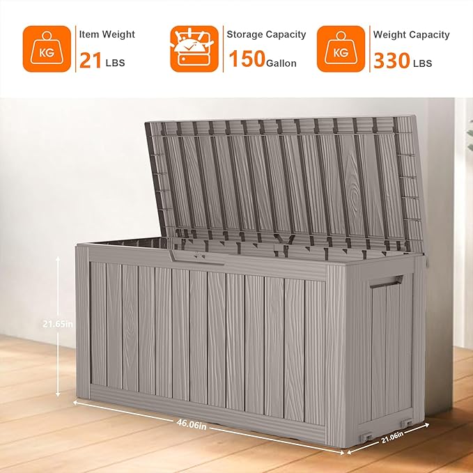 75 Gallon Resin Deck Box, Lockable Patio Outdoor Storage Box for Furniture, Garden Tools and Tools Storage, Waterproof Outside Storage Boxes - Grey-Ruum Studio Home