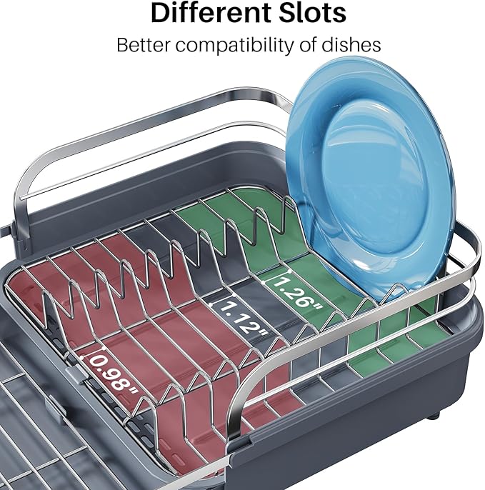 Dish Drying Rack, Expandable Dish Rack for Kitchen Counter, Stainless Steel Dish Drainer with Drainboard Set and Utensil Holder (Gray)-Ruum Studio Home