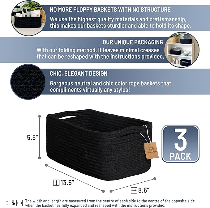 NaturalCozy 13.5”x8.5”x5.5” Rectangle Storage Baskets for Shelves 3 Pack | Cotton Rope Woven Small Baskets for Organizing | Small Storage Bins for Nursery, Bathroom, Closet, Shelf, Decorative-Ruum Studio Home