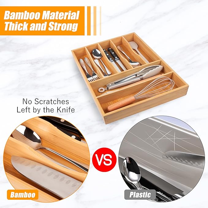 Bellsal Bamboo Silverware Drawer Organizer, Kitchen Utensil Drawer Organizers, 12"x15.7" Utensils Holder Cutlery Tray with Grooved Drawer Dividers for Kitchen Flatware Bedroom Office(7 Slot, Natural)-Ruum Studio Home