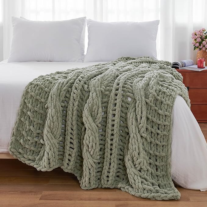 Esterra Chunky Knit Blanket Throw 50"x60", 100% Hand Knitted Chenille Throw Blanket, Cozy Soft Thick Cable Knit Throw Large Rope Knot Crochet Throw Blanket for Sofa Couch Bed, Sage Green-Ruum Studio Home