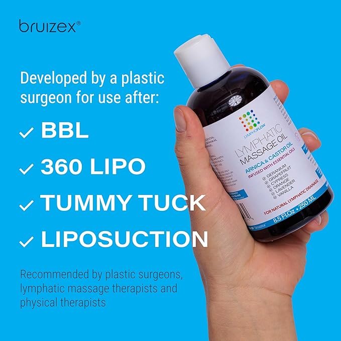 Lymphatic Drainage Massage Oil with Arnica & Cold Pressed Castor Oil I Post Surgery Recovery & Post Liposuction, BBL, 360 Lipo, Tummy Tuck I Fibrosis Treatment, Body Detox I 8.5 Oz by Bruizex-Ruum Studio Home