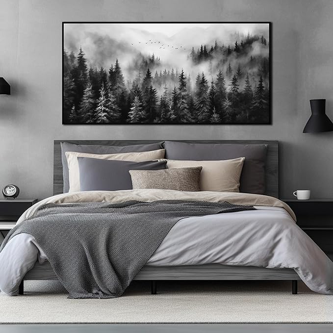 Foggy Forest Wall Art for Living Room Black and White Pictures for Wall Home Office Wall Decor with Black Frame 29 x 58 Inch-Ruum Studio Home