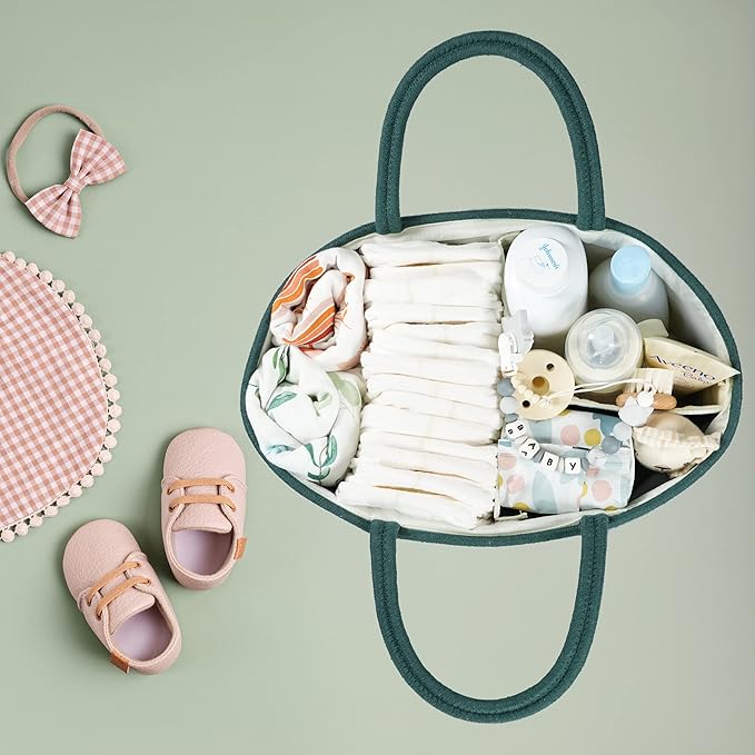 Large Baby Diaper Caddy Organizer for Girl Boy Rope Nursery Storage Bin Basket Portable Holder Tote Bag for Changing Table Car Travel Baby Shower Gifts basket dark green-Ruum Studio Home