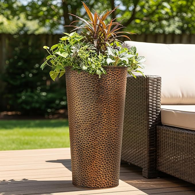 Worth Garden 2-Pack 25" H. Metal Planter with 2X Inside Pots - Hand-Hammered Texture Tall Cone Plant Pots - Large Handcrafted Black Flower Pot for Indoor Outdoor, Deck, Patio, Front Porch (Bronze)-Ruum Studio Home