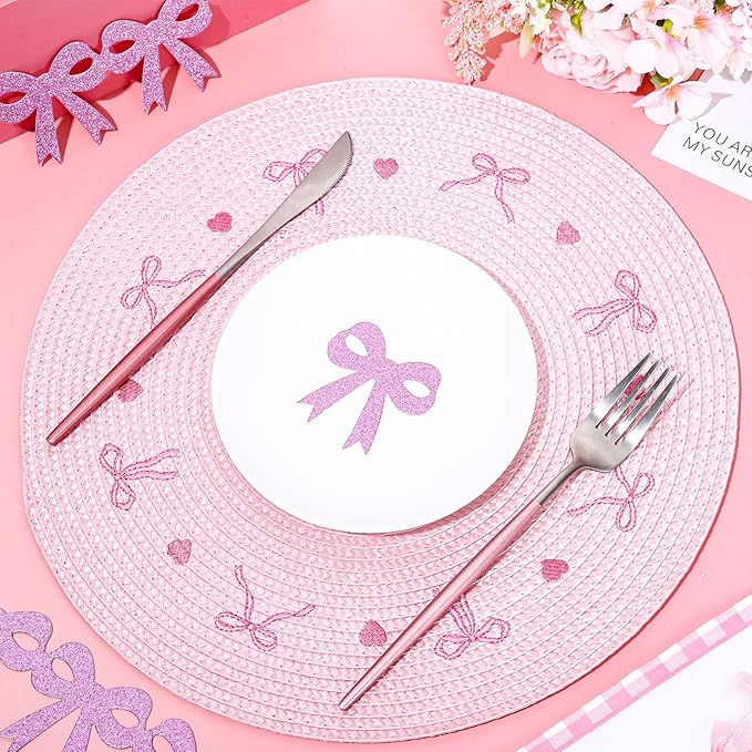 Whaline 4Pcs Round Placemats Pink Bow Embroidered Place Mats Coquette Bow Dinner Table Mats for Home Wedding Baby Shower Birthday Party Decor-Ruum Studio Home