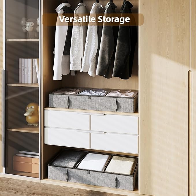 Vailando Under Bed Storage, 2 Pack Under Bed Storage Containers with Dividers, Firm Sides, Strong Zipper, 3 Reinforced Handles, 6 Inches Low Profile Underbed Storage Bins for Clothes, Blankets, Grey-Ruum Studio Home