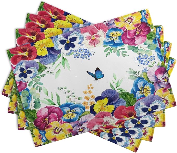 Watercolor Flowers Placemats Set of 4 Spring Summer Floral Butterfly Linen Fabric Table Mats Pansy Flower Eucalyptus Leaves Washable Place Mats for Farmhouse Dining Table Kitchen Decoration-Ruum Studio Home