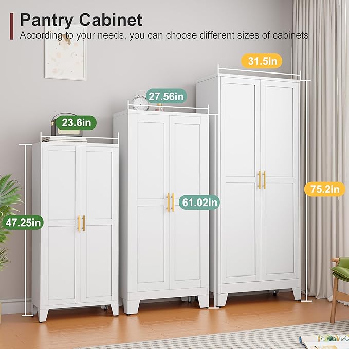 Metal Pantry Cabinet with 2 Doors and Adjustable Shelves, Kitchen Storage cabinets with Gold Handles, Versatile Storage for Laundry/Living Room,Bathroom,Dinning Room-White-Ruum Studio Home