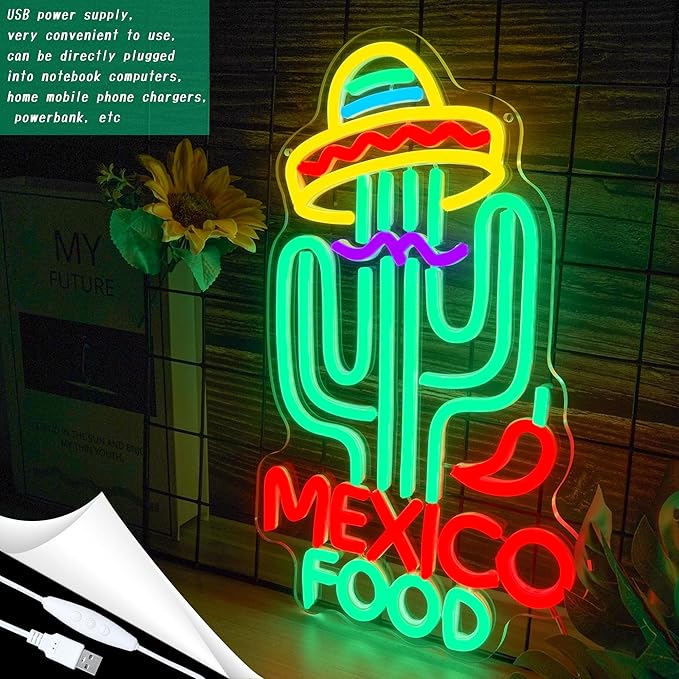 Mexican Food Neon Sign Cactus Neon Lights Dimable Colorful LED Mexican Art Lights Wall Decor for Mexican Restaurants Bars Food Trucks Unique Gift for Taco Enthusiasts Fiesta Parties (15×9.1inch)-Ruum Studio Home