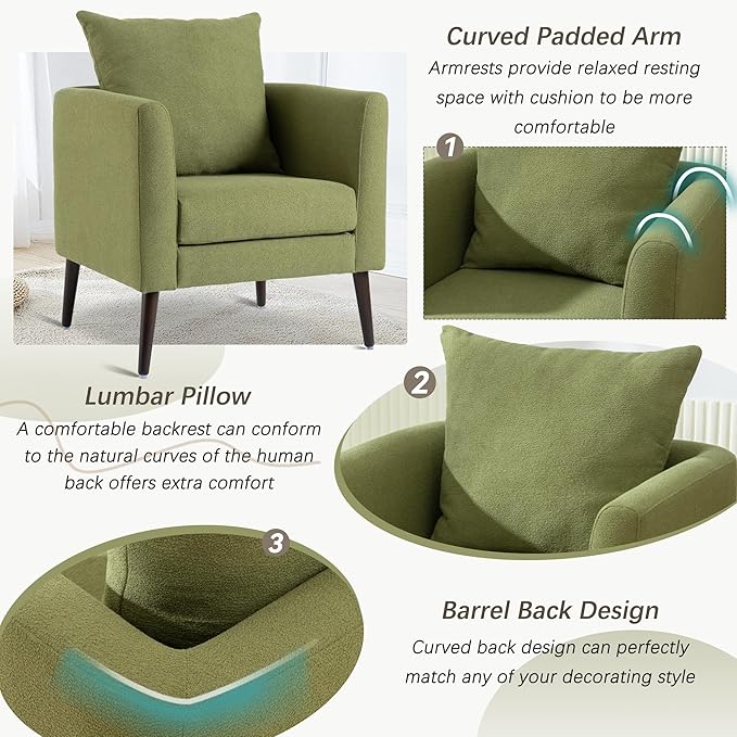 Barrel Accent Chair Set of 2 with Back Pillow, Large Upholstered Armchair with Solid Wood Legs Modern Reading Chairs for Living Room Bedroom-Ruum Studio Home