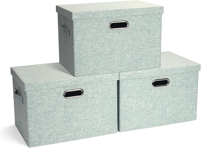 Large 17" 36 Quart Collapsible Stackable Storage Bins with Lids, 3 Packs Light Green Linen Fabric Closet Boxes with Lids, Storage Cube Baskets Container Organizers for Office (17x12x11)-Ruum Studio Home
