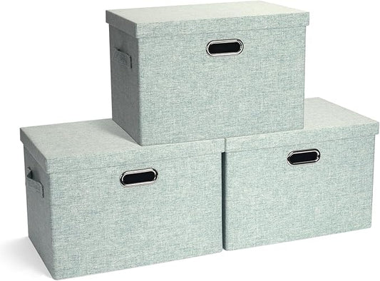 Large 17" 36 Quart Collapsible Stackable Storage Bins with Lids, 3 Packs Light Green Linen Fabric Closet Boxes with Lids, Storage Cube Baskets Container Organizers for Office (17x12x11)-Ruum Studio Home