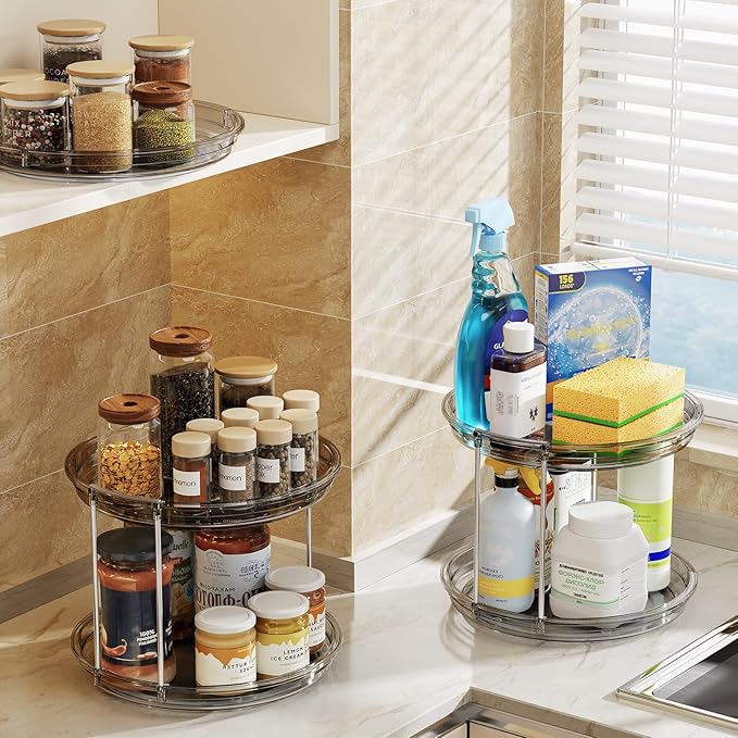 LAMU 2 Pack 2 Tier Lazy Susan Turntable Organizer 9.25'' Rotating Spice Rack Organization for Cabinet, Kitchen, Pantry, Countertop, Bathroom, Vanity, Medicine Cabinet Organizer, Grey-Ruum Studio Home