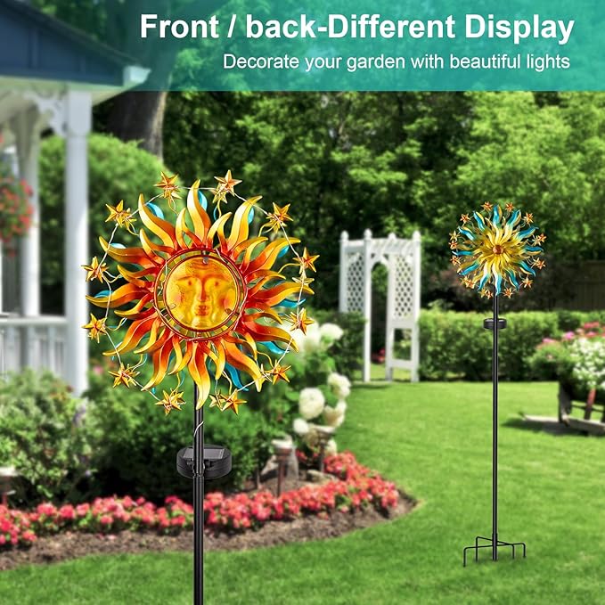 Solar Wind Spinner Metal Sun Decor, Wind Sculptures & Spinners 60.3 in Garden Kinetic Art with Solar Powered Vine String Shining LED Lights for Outdoor Garden Lawn Yard-Ruum Studio Home