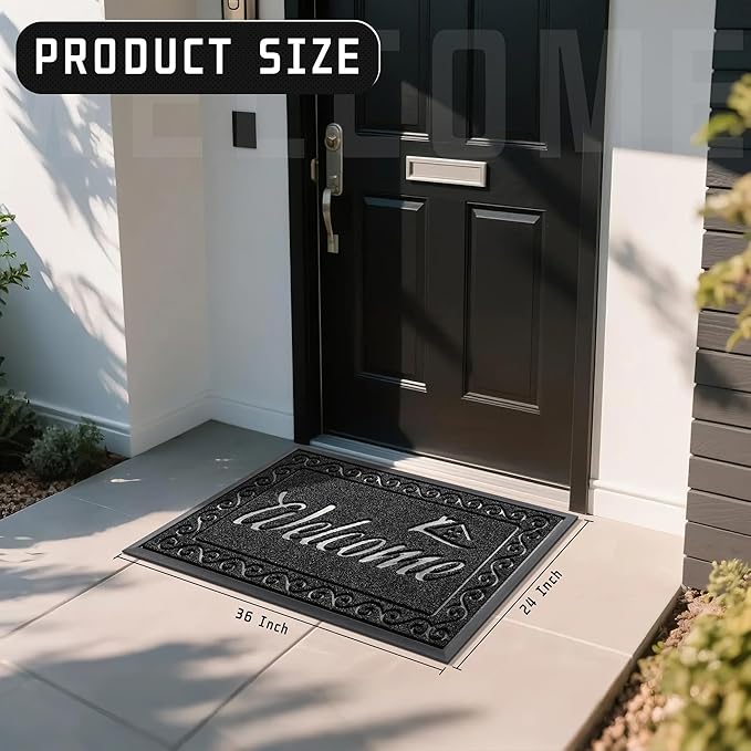 Yimobra Welcome Mat Outdoor Indoor, Waterproof Heavy Duty Front Door Mat Outside Entrance, Extra Sturdy Non-Slip Doormat, Low Profile, Dirt Trapping, 36x24 Inches, Black-Ruum Studio Home