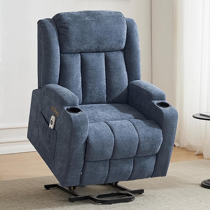 Power Lift Recliner Chair for Elderly with Massage and Heat, Recliner Chairs for Adults, Upgraded Fabric Reclining Sofa Chair with USB & Type-C Ports and Side Pockets, L1188 (Blue)-Ruum Studio Home