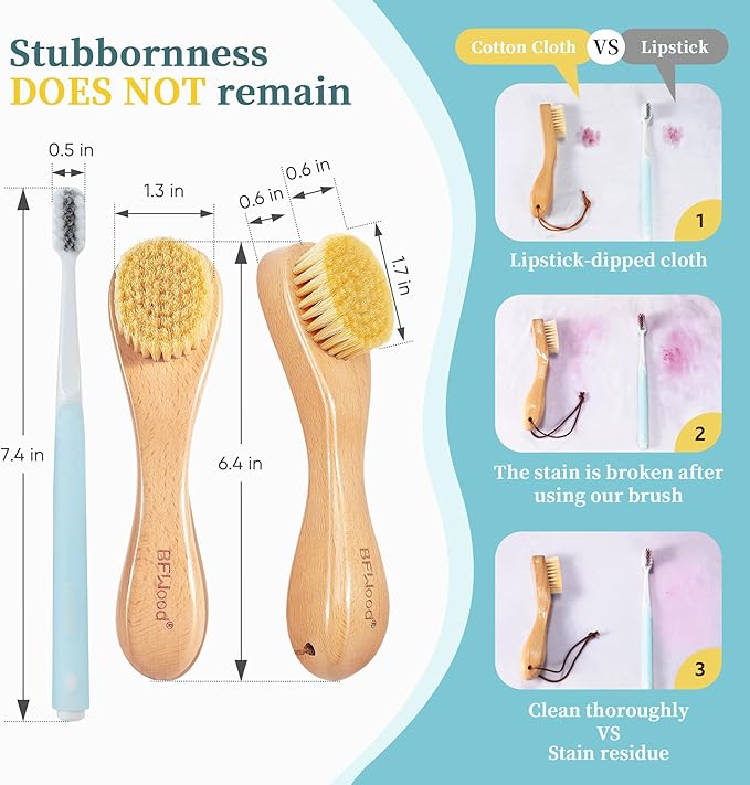 BFWood 2PCS Laundry Stain Brush - Natural Soft Boar Bristles, Removes Tough Stains from Delicate Fabrics Like Knits, Cotton, and Linens, Gentle on Fabrics, No Damage-Ruum Studio Home
