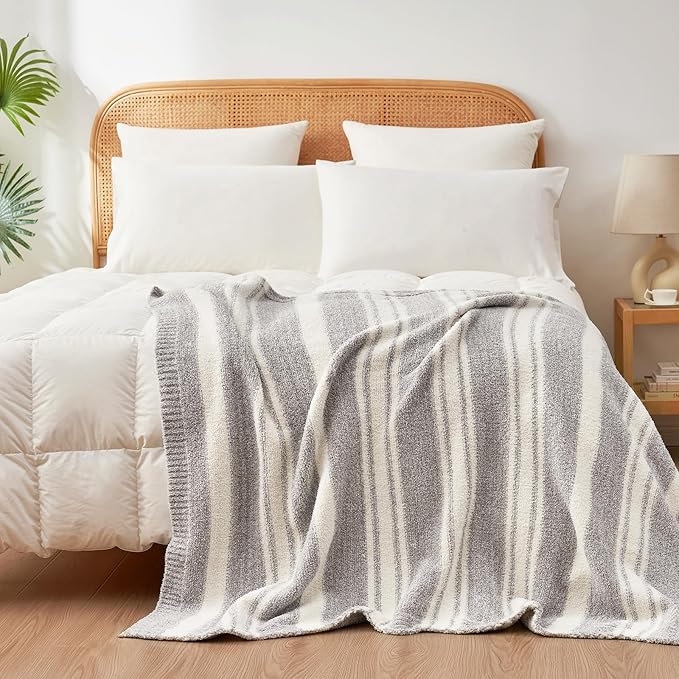 Snuggle Sac Grey Stripe Knitted Throw Blanket for Couch, Reversible Super Soft Warm Blankets Cozy Knit Fuzzy Plush Lightweight Throws for Sofa, Bed, Stripe Grey, 50 x 60 inches-Ruum Studio Home