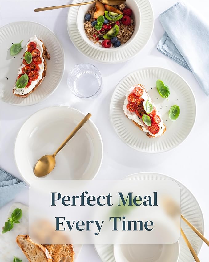 Stoneware Dinnerware Set for 8 People HYGGE 32-Piece - Elegant Scandi Design - Premium Dish Set - Bowl and Plate Set - Tableware for 8 People in a Ribbed Design - Pure Living in Beige-Ruum Studio Home