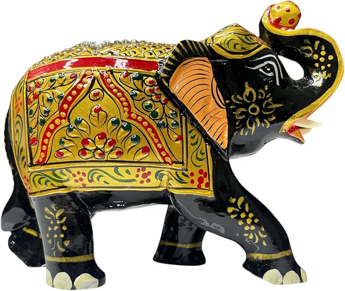 Handcrafted Wooden Elephant Figurine – Traditional Artwork, Gold & Gemstone Embellishments – Lucky Decorative Elephant Statue for Prosperity | Beautiful Elefantes Decorativos para Sala (Black & Gold)-Ruum Studio Home