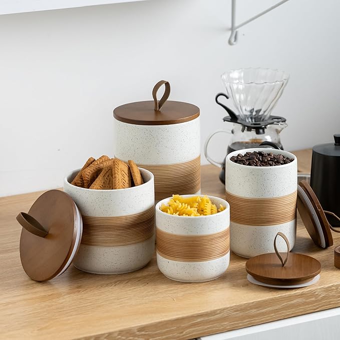 Large Storage Containers with Lids, Ceramic Coffee Container Kitchen Food Storage Jars for Spice Sugar Tea Bag, Stackable Decorative Jars for Counter, White & 61oz-Ruum Studio Home