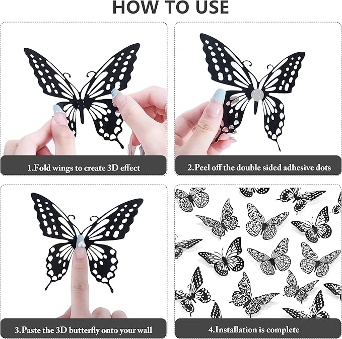 SAOROPEB 3D Butterfly Wall Decor 48 Pcs 4 Styles 3 Sizes, Gold Butterfly Decorations for Butterfly Birthday Decorations Butterfly Party Decorations Cake Decorations, Removable Stickers (Black)-Ruum Studio Home