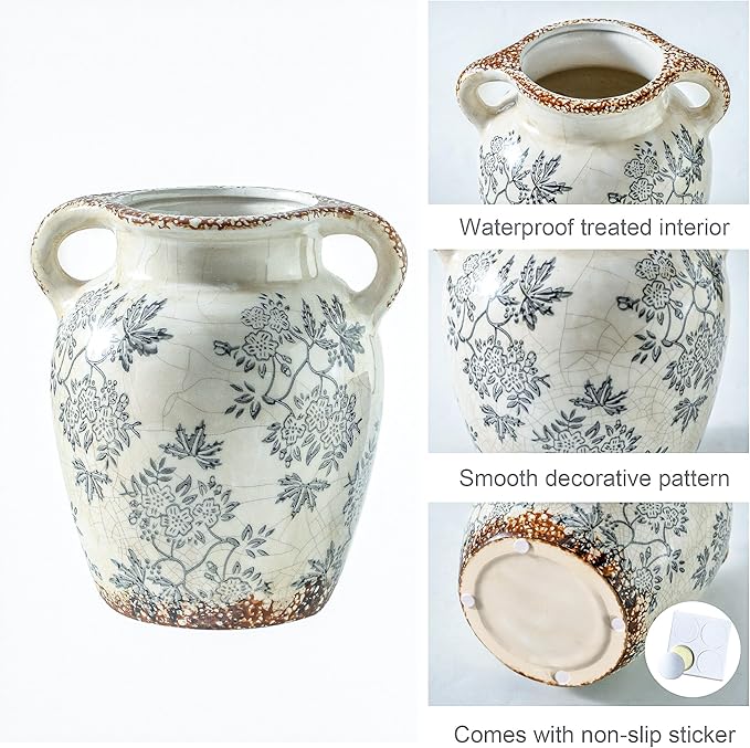 Enra Vintage vase with Handle,Blue and White Ceramic Decorative Flower vase, Chinoiserie Floral Vase,Large Rustic Vases for Home Decors, Living Room, Bookshelf, Office,7.8 in-Ruum Studio Home