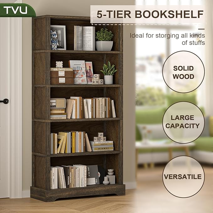 TVU 5-Shelf Wood Bookcase, 65 Inch Tall Bookshelf with Storage, Floor Standing Display Book Shelf, for Living Room Bedroom Study Office, Rustic Brown-Ruum Studio Home