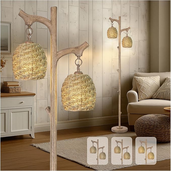 Scenekoy Vintage 68” Tall Floor Lamp with Straw Rope Woven Shade, Retro Resin Standing Lamp Tree Trunk Finish, Dimmable Corner Lamp Stand Up Light with Bulb Prefer for Living Room Bedroom Home Decor-Ruum Studio Home