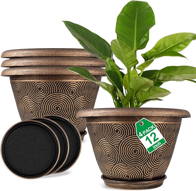 12 Inch Large Planter Pot for Plants Indoor Outdoor, 4 Pack Plastic Flower Pots with Drainage Hole & Tray, Modern Decorative Garden Pot with Saucer, Plant Container for House-Ruum Studio Home