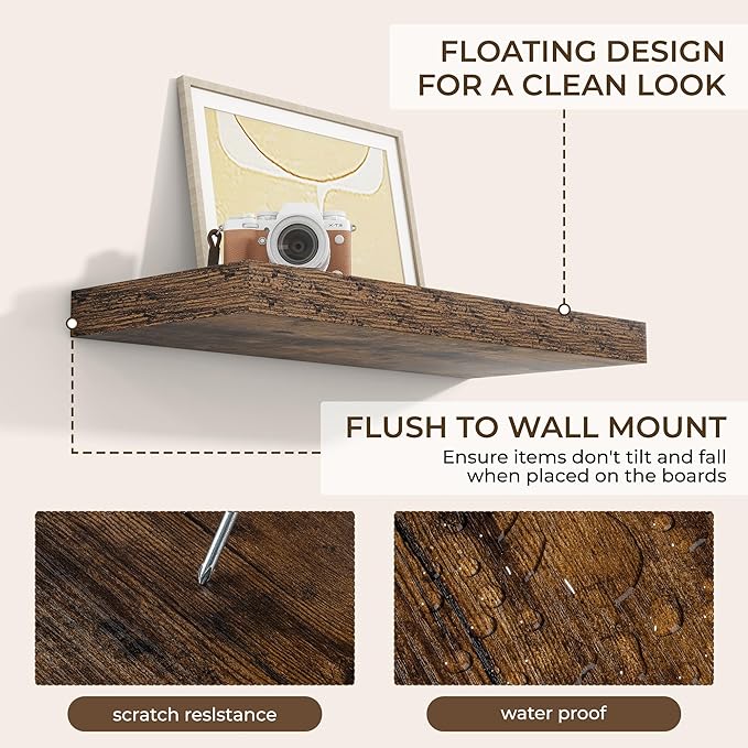 RICHFOCUS 24Inch Floating Shelves for Wall 2 Pack Shelves for Bedroom|Kitchen|Bathroom Wall Mounted Rustic Wood Floating Shelf with Invisible Brackets for Books|Storage|Decor, Rustic Brown-Ruum Studio Home