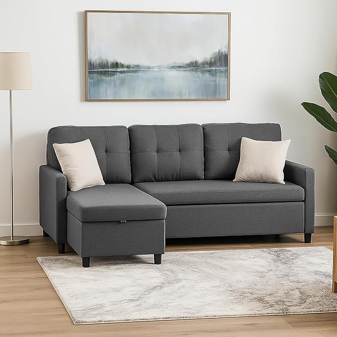 Pull Out Couch, Oversized Sleeper Sofa Couch, Sectional Sleeper Sofa Bed for Living Room Bedroom Lounge (Grey, 73 Inch)-Ruum Studio Home