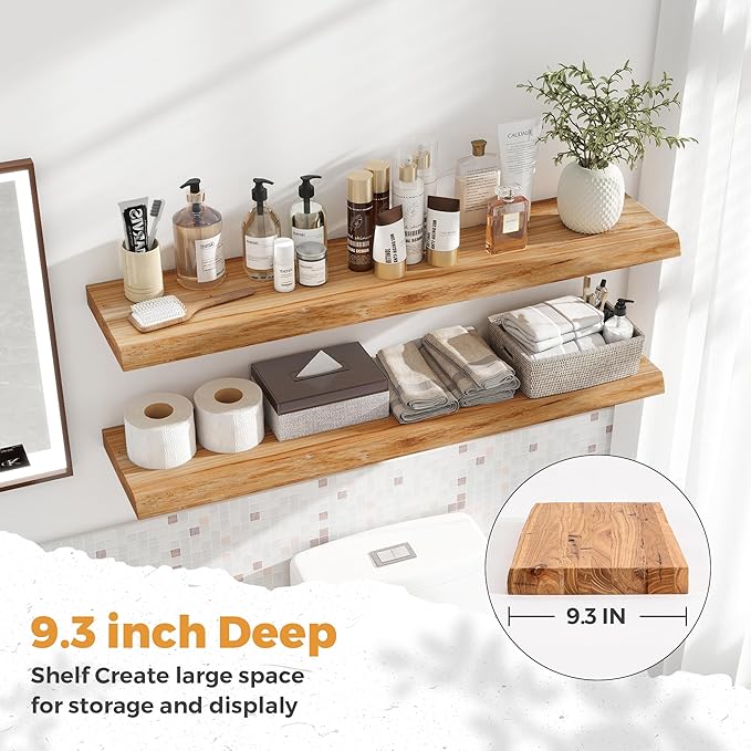 RICHFOCUS Live Edge Elm Floating Shelves - 40" W x 9.3" D Rustic Solid Wood Wall Shelves with Invisible Bracket, Wall-Mounted for Living Room, Bedroom, Kitchen Storage & Display, Set of 2, Natural-Ruum Studio Home