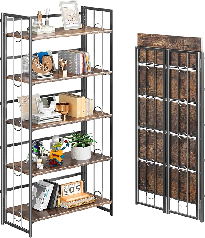 4NM No Assembly 5 Tiers Folding Bookshelf, 59.4" H Foldable Storage Shelves Vintage Bookcase Standing Racks Study Organizer Home Office - Rustic Brown Black-Ruum Studio Home