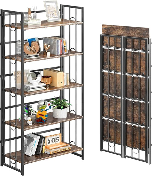 4NM No Assembly 5 Tiers Folding Bookshelf, 59.4" H Foldable Storage Shelves Vintage Bookcase Standing Racks Study Organizer Home Office - Rustic Brown Black-Ruum Studio Home
